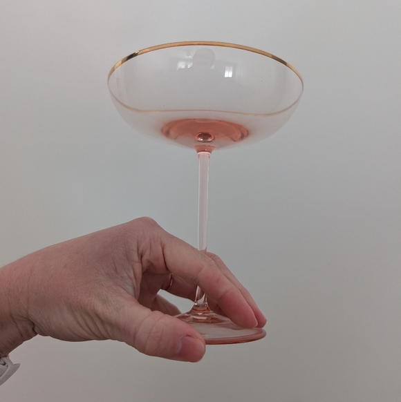Anthropologie Elegant Pink Glass Champagne Coupe with Gold Rim - Picture 6 of 11